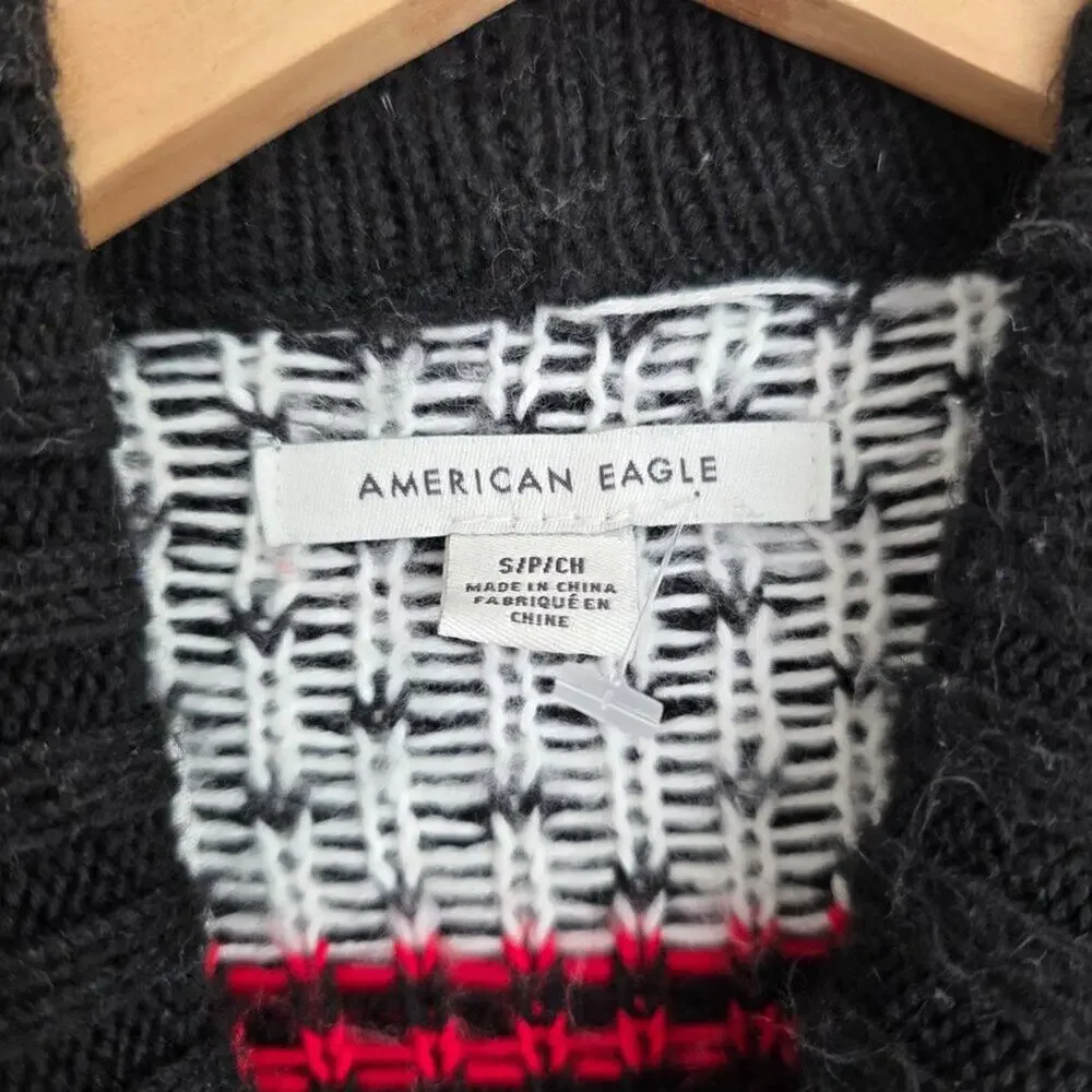American Eagle Fair Isle Mock Neck Sweater Small Black Multi Color Knit Boho Coz